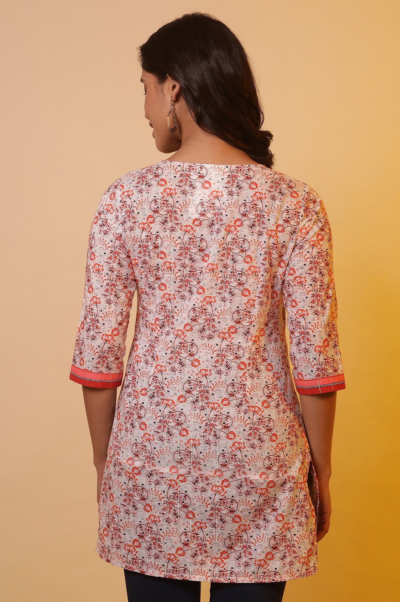 Cream Floral Printed Cotton Lurex Kurti