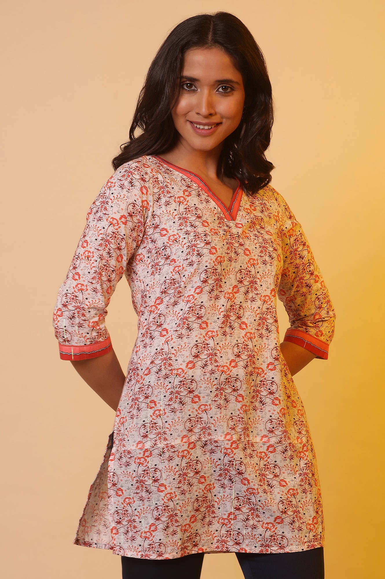 Cream Floral Printed Cotton Lurex Kurti