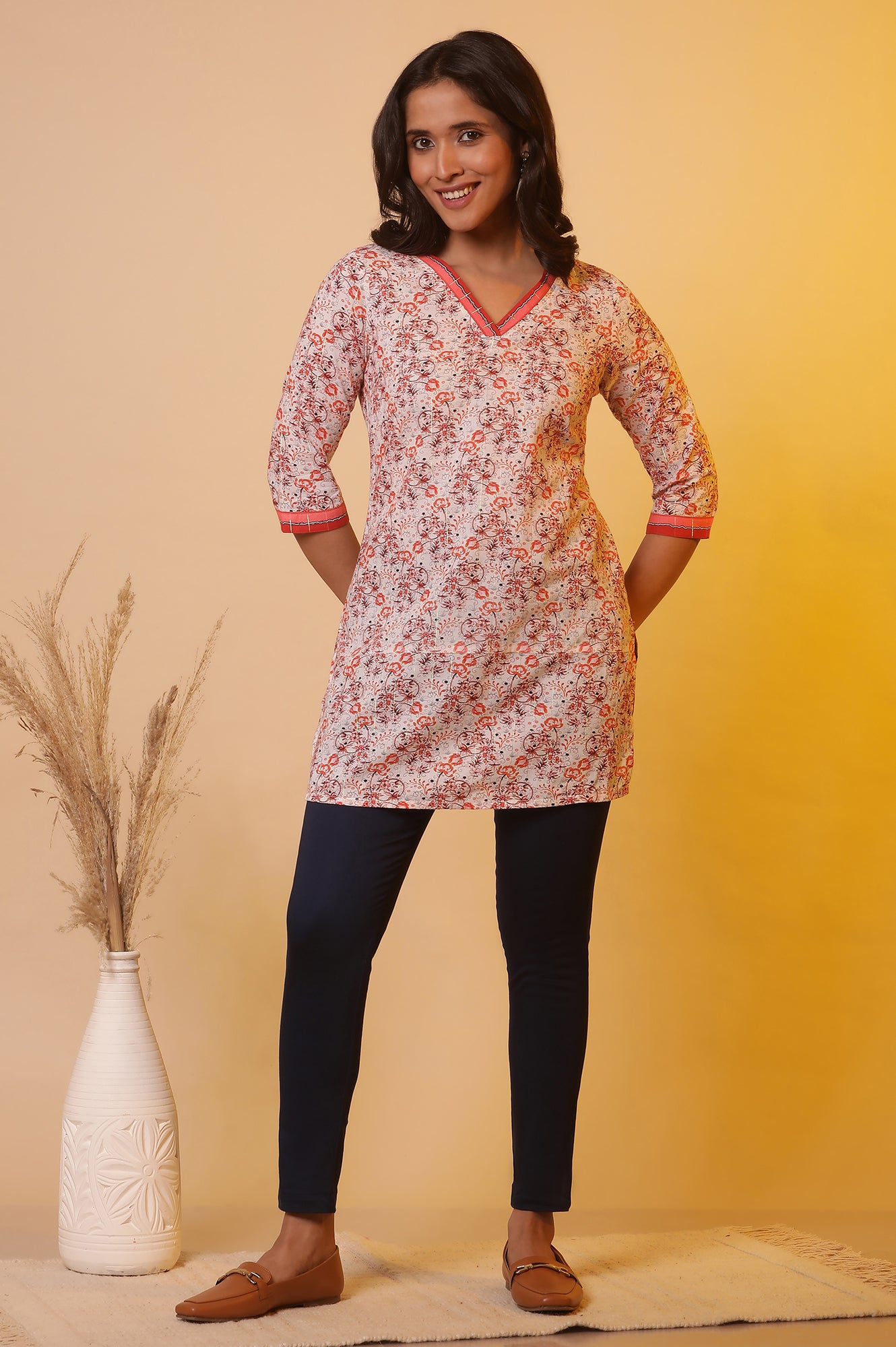 Cream Floral Printed Cotton Lurex Kurti