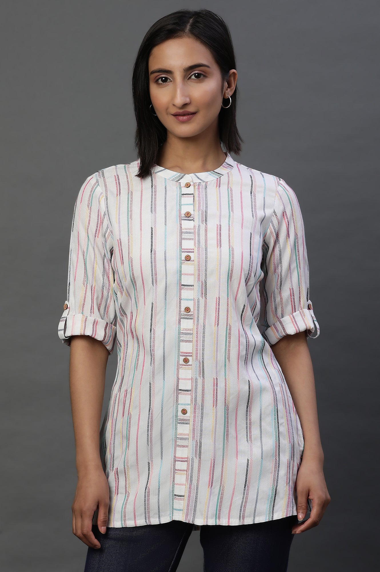 Multi-coloured Yarn-Dyed Short Kurti