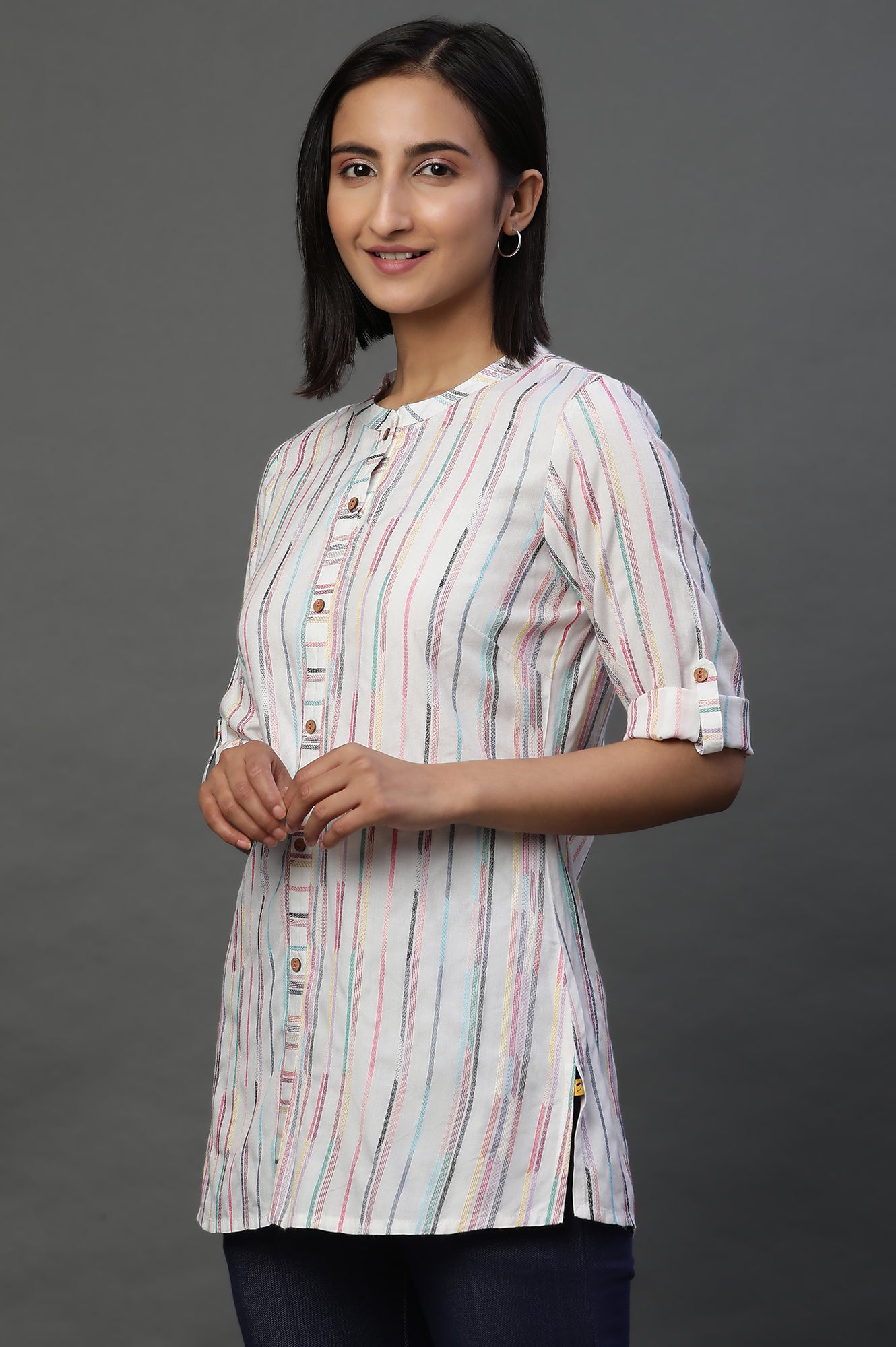 Multi-coloured Yarn-Dyed Short Kurti