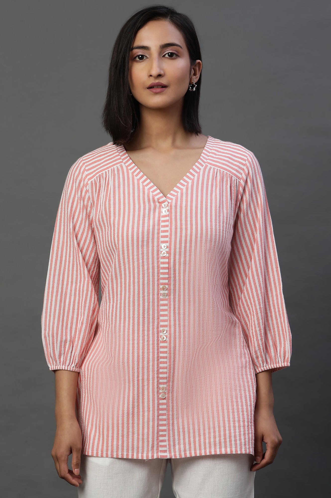 Peach Lurex Crepe Stripe Short Kurti