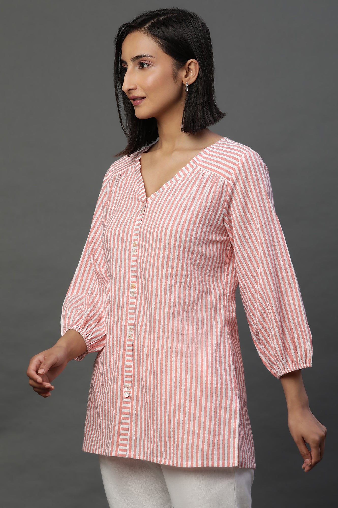 Peach Lurex Crepe Stripe Short Kurti