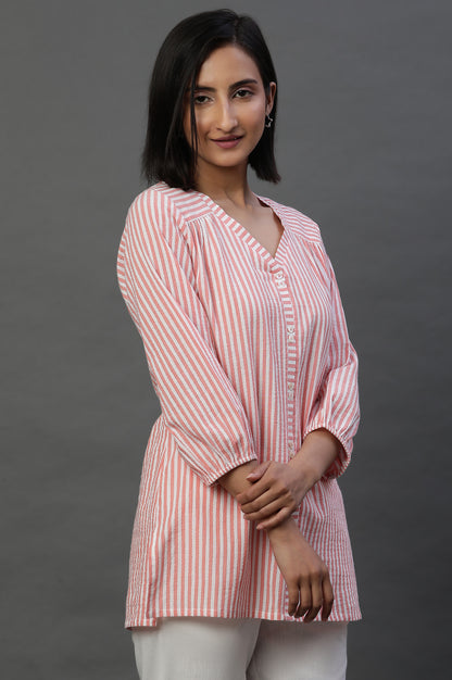 Peach Lurex Crepe Stripe Short Kurti