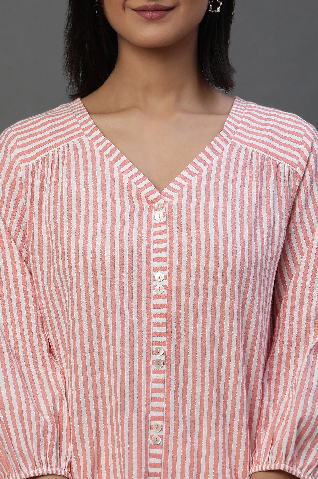 Peach Lurex Crepe Stripe Short Kurti