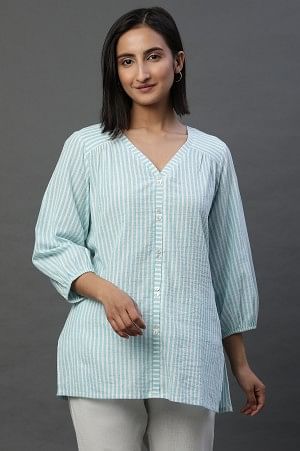 Blue Lurex Crepe Stripe Short Kurti