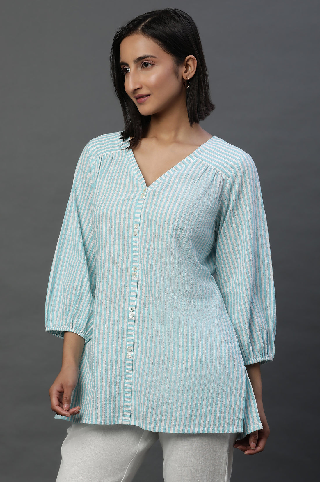 Blue Lurex Crepe Stripe Short Kurti
