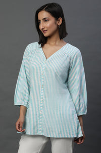 Blue Lurex Crepe Stripe Short Kurti