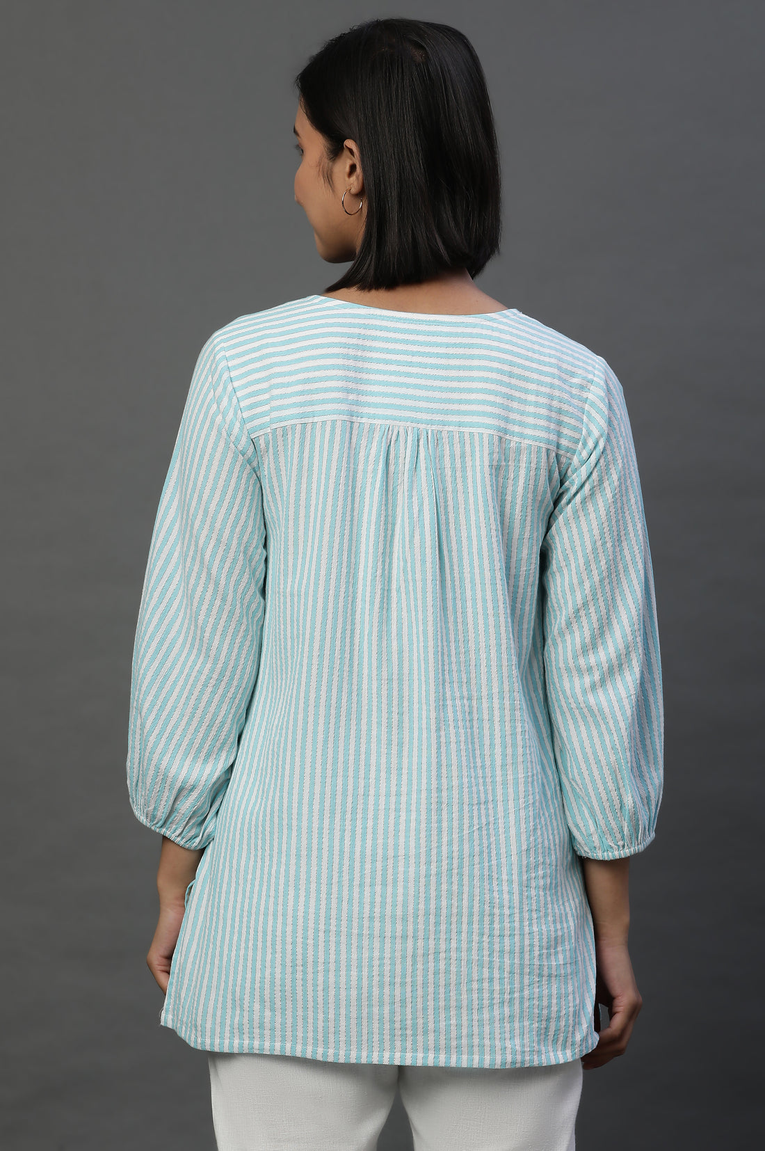 Blue Lurex Crepe Stripe Short Kurti