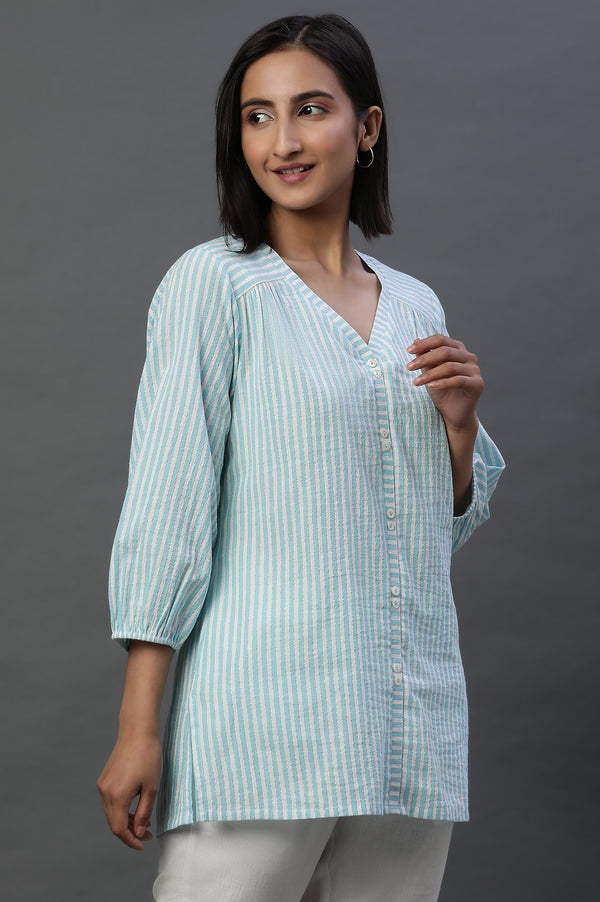 Blue Lurex Crepe Stripe Short Kurti