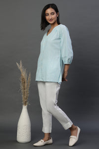 Blue Lurex Crepe Stripe Short Kurti