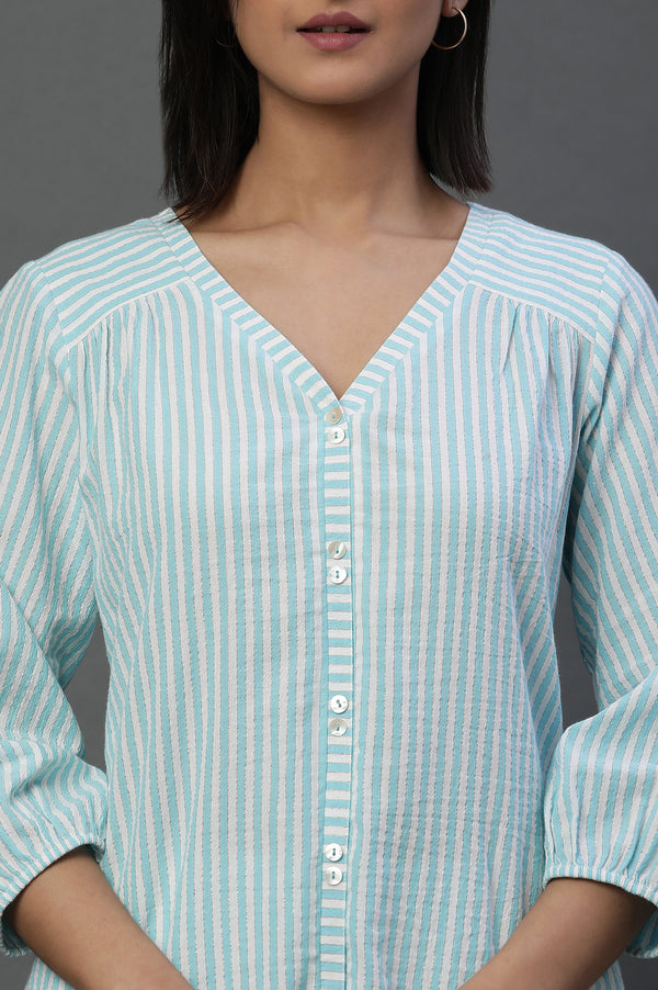 Blue Lurex Crepe Stripe Short Kurti