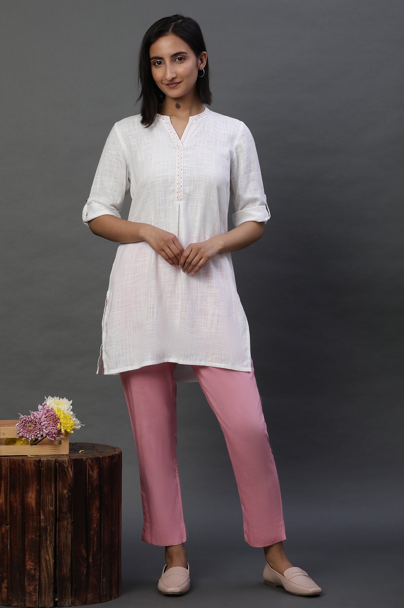 White Sequined Short Fusion Kurti