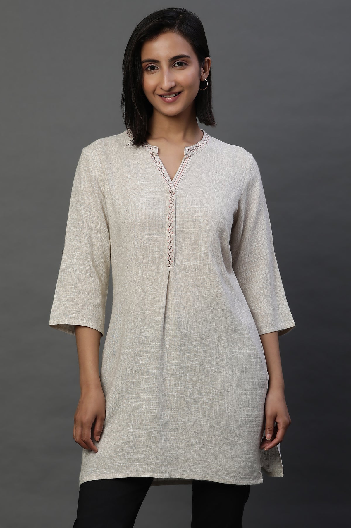 Beige Sequined Short Fusion Kurti - S