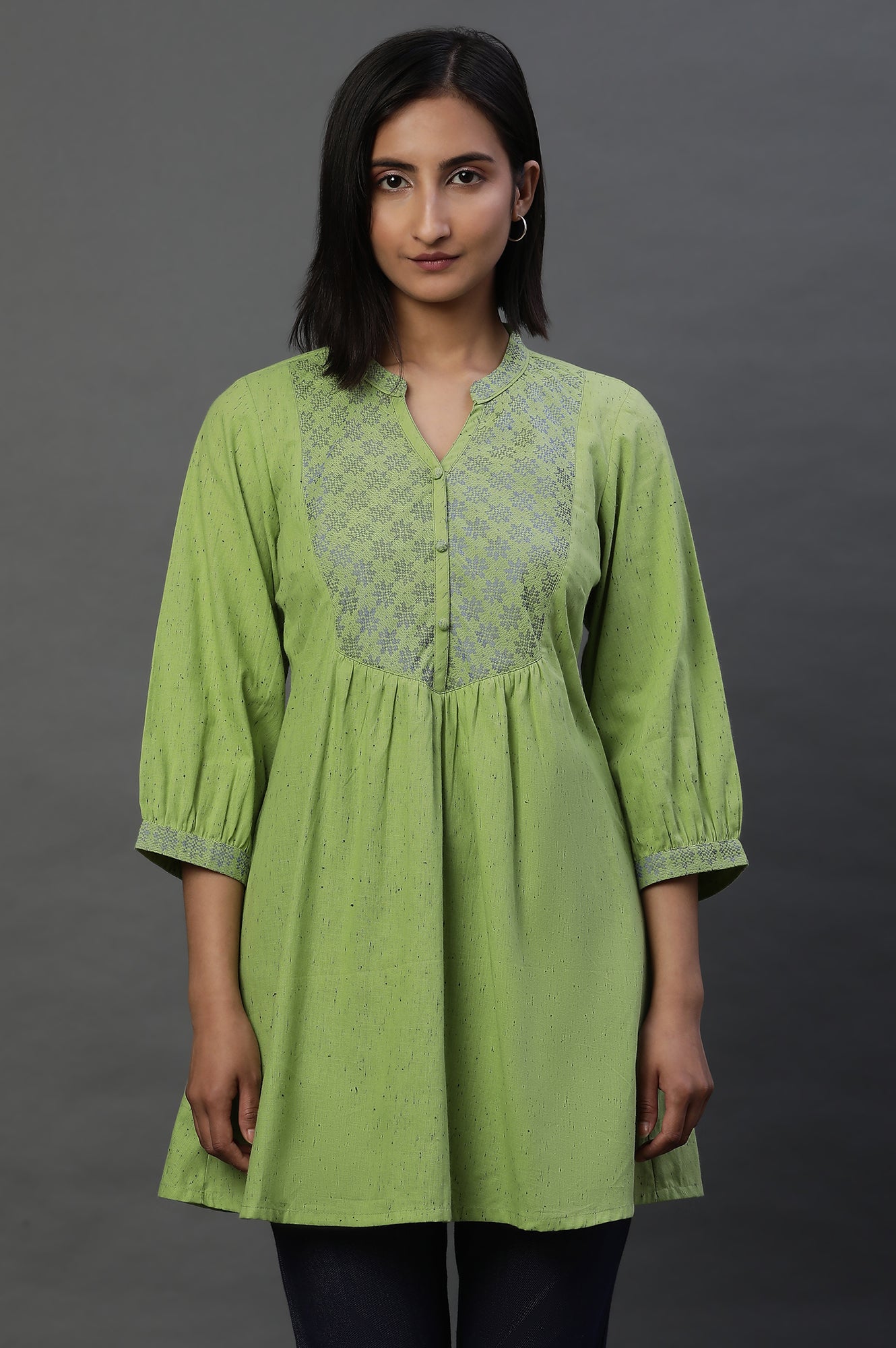 Green Geometric Printed A-line Kurti