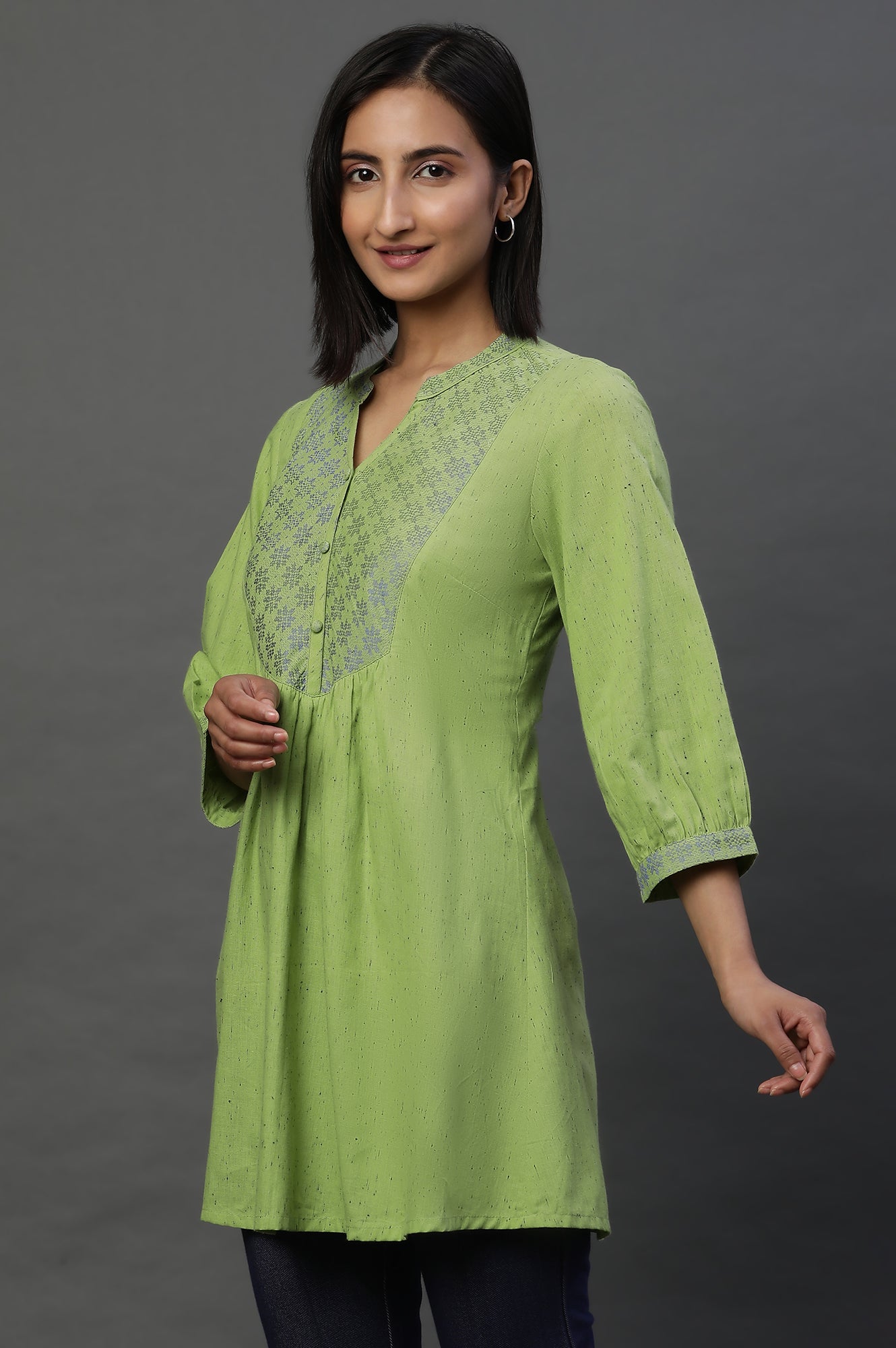 Green Geometric Printed A-line Kurti