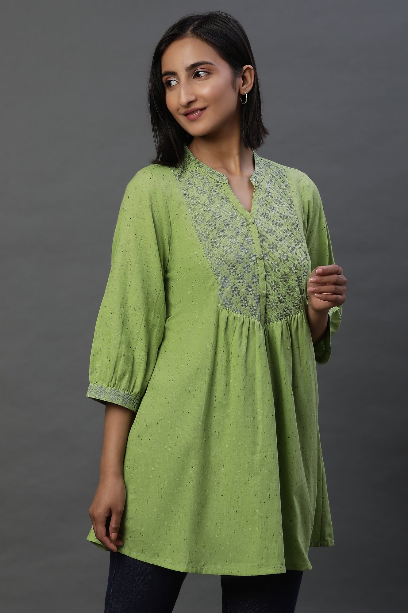 Green Geometric Printed A-line Kurti