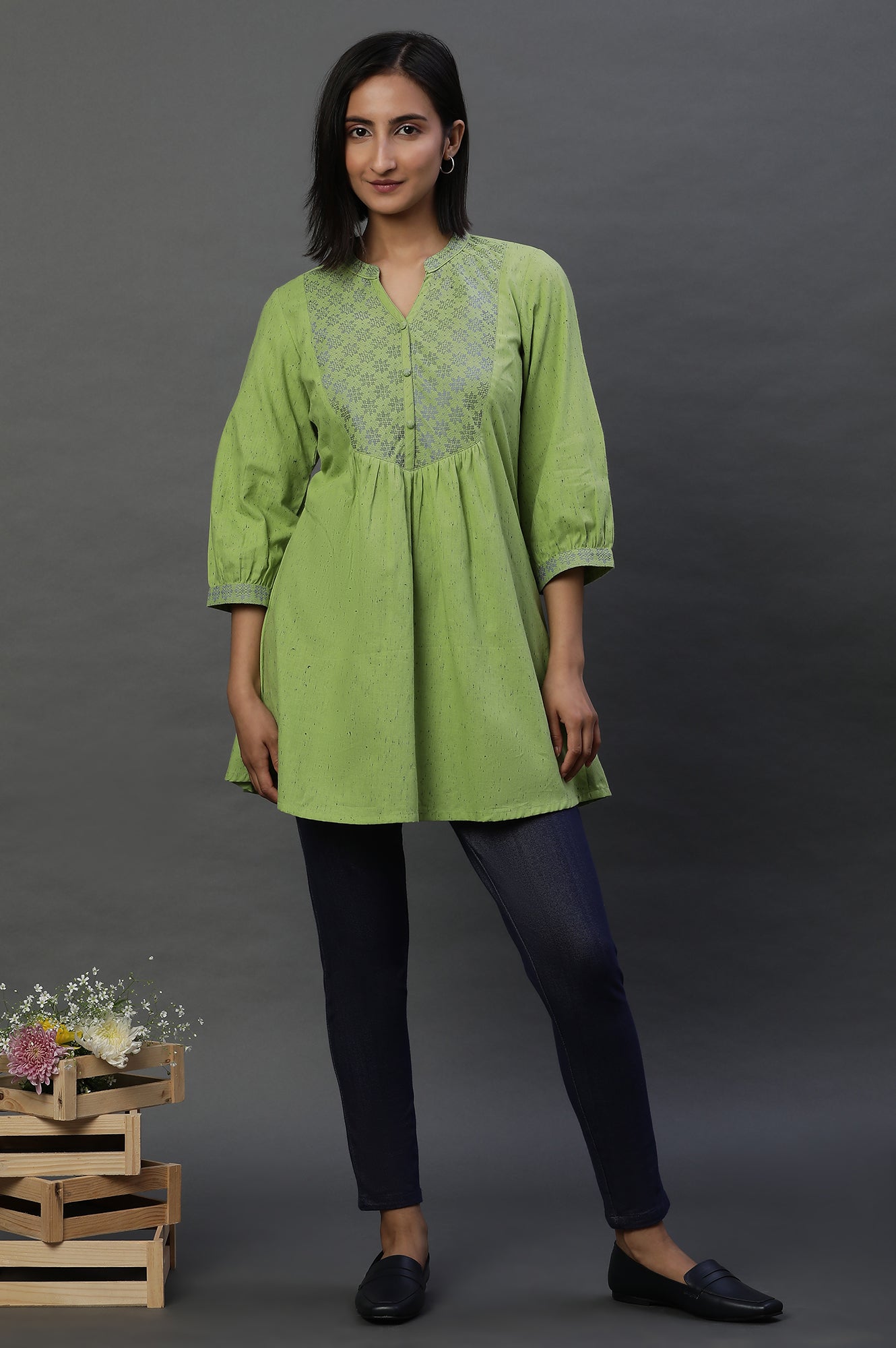 Green Geometric Printed A-line Kurti