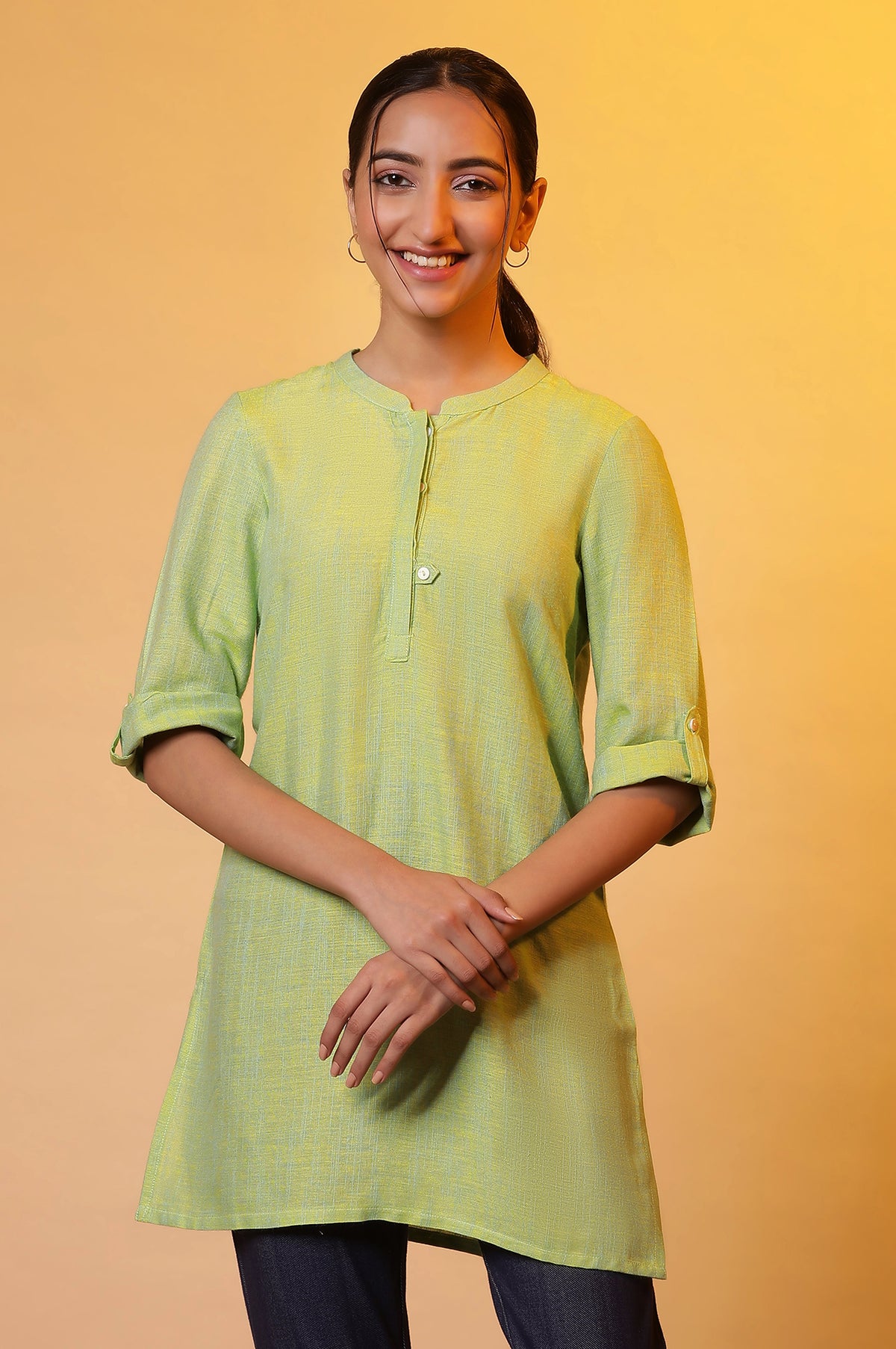 Green Cotton Solid Short Kurti - XS