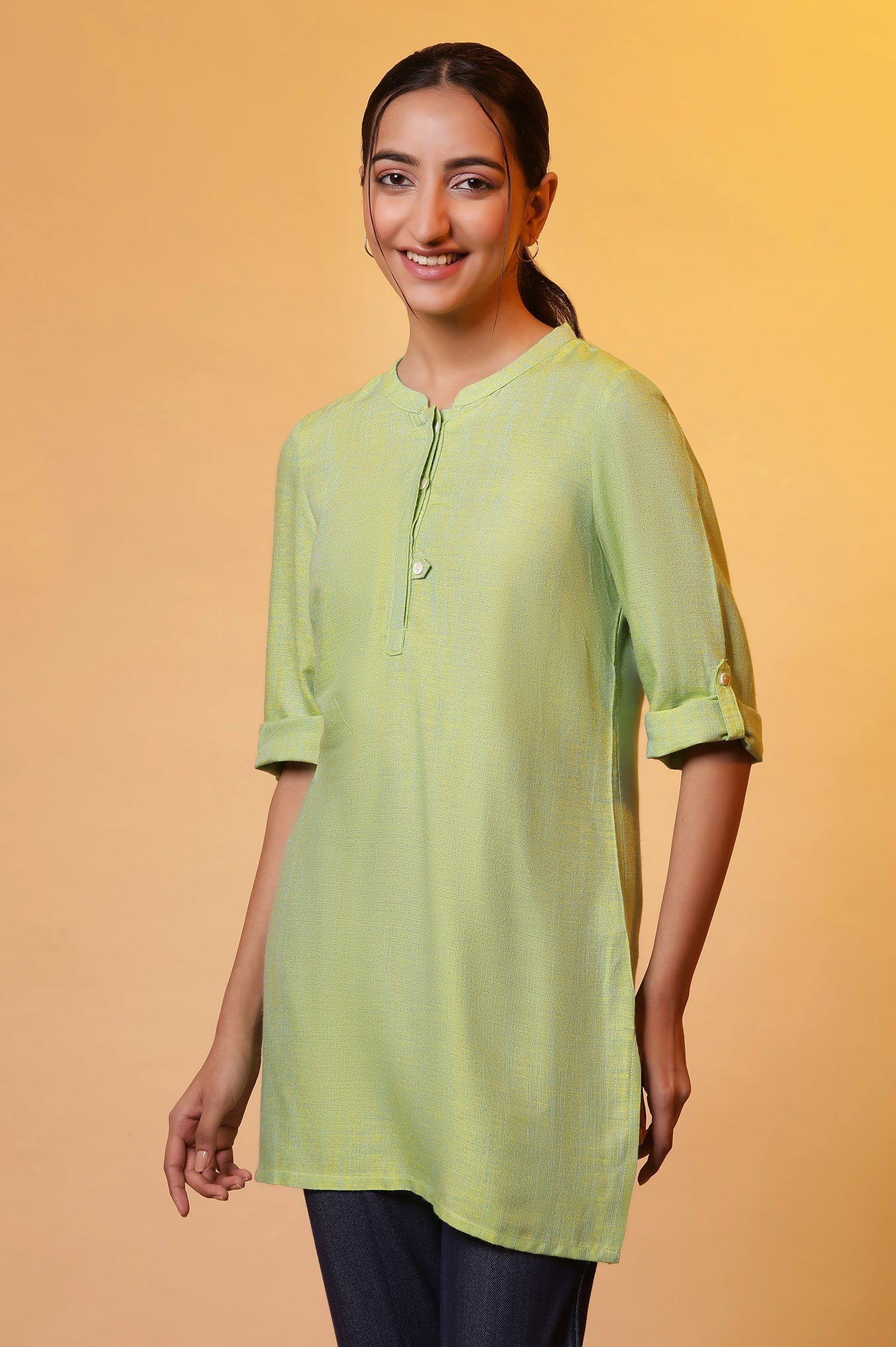 Green Cotton Solid Short Kurti