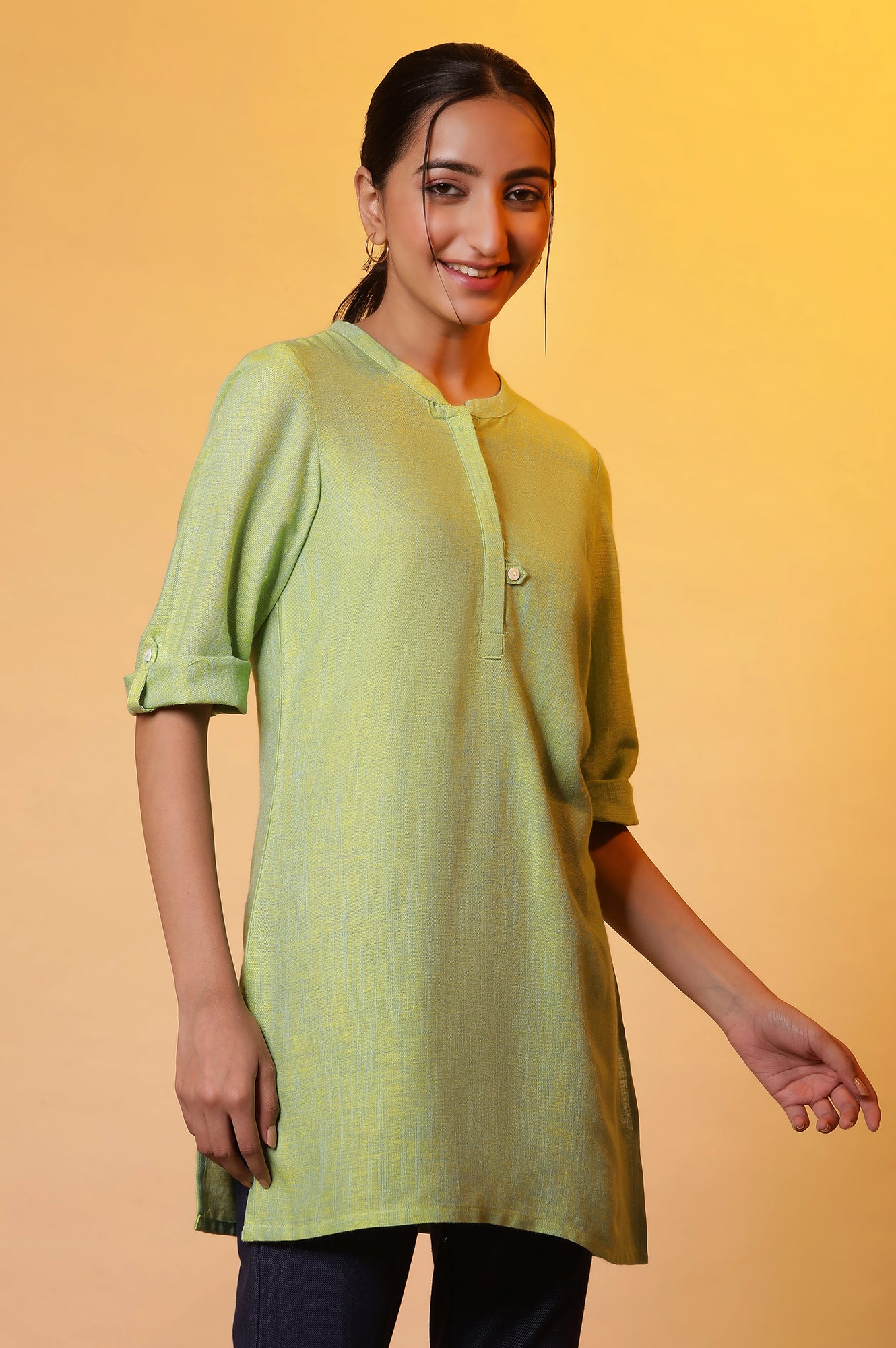 Green Cotton Solid Short Kurti