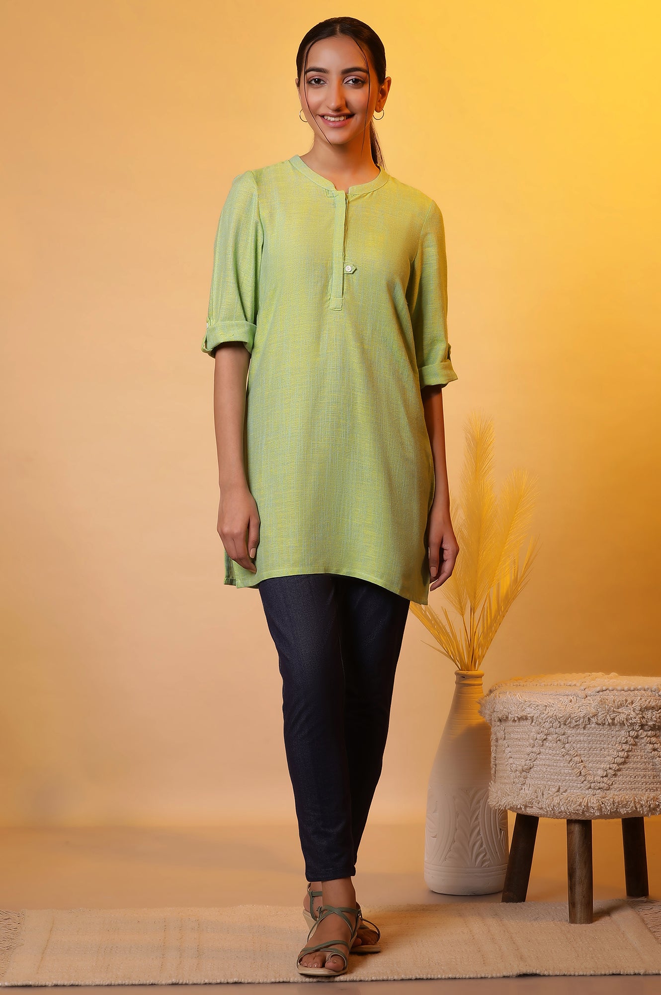 Green Cotton Solid Short Kurti