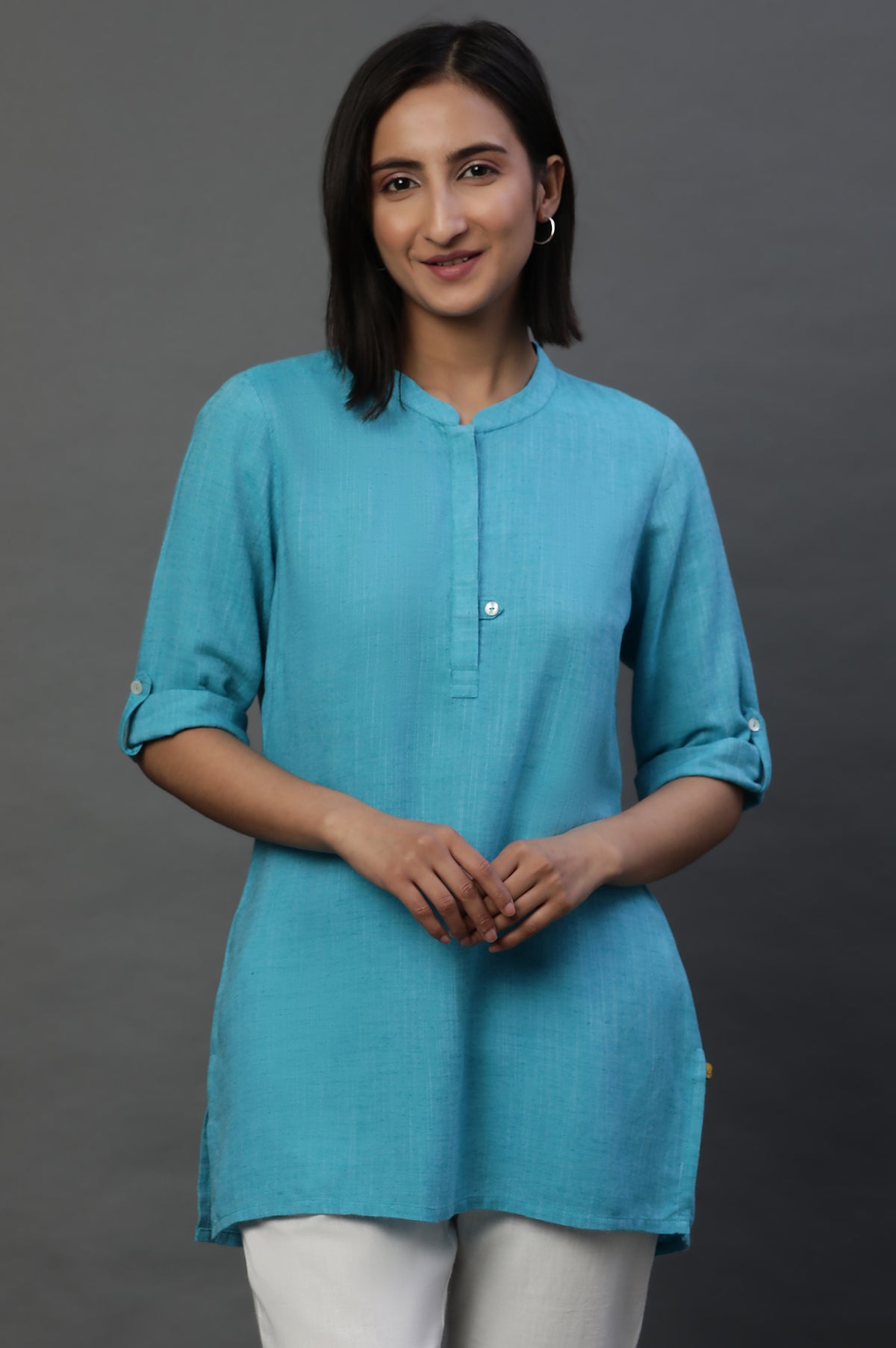 Blue Yarn-Dyed Solid Kurti - XS