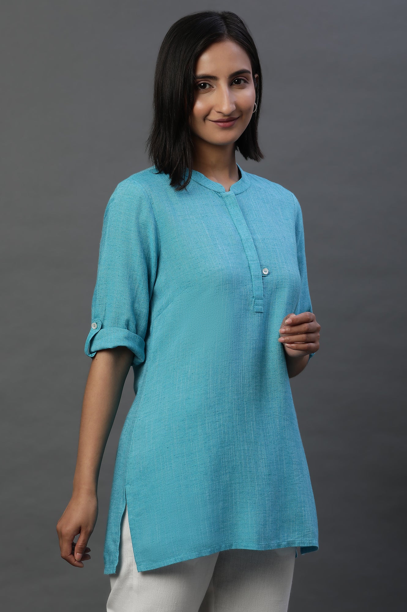 Blue Yarn-Dyed Solid Kurti