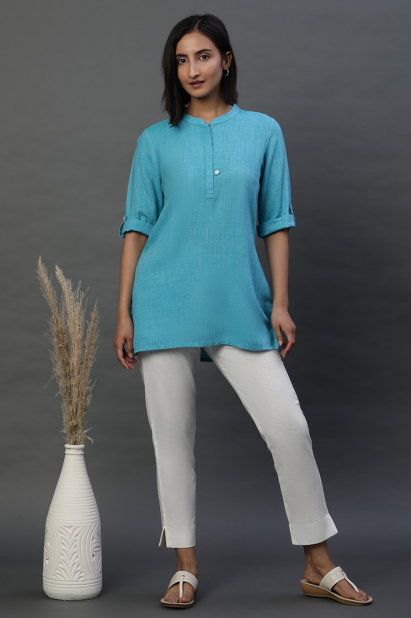 Blue Yarn-Dyed Solid Kurti