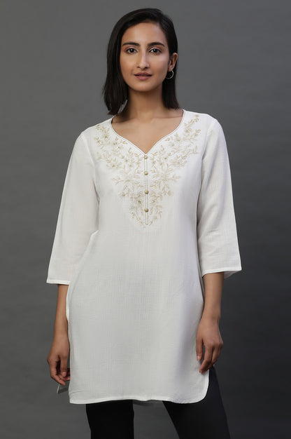 White Zari Embroidered V-neck Kurti