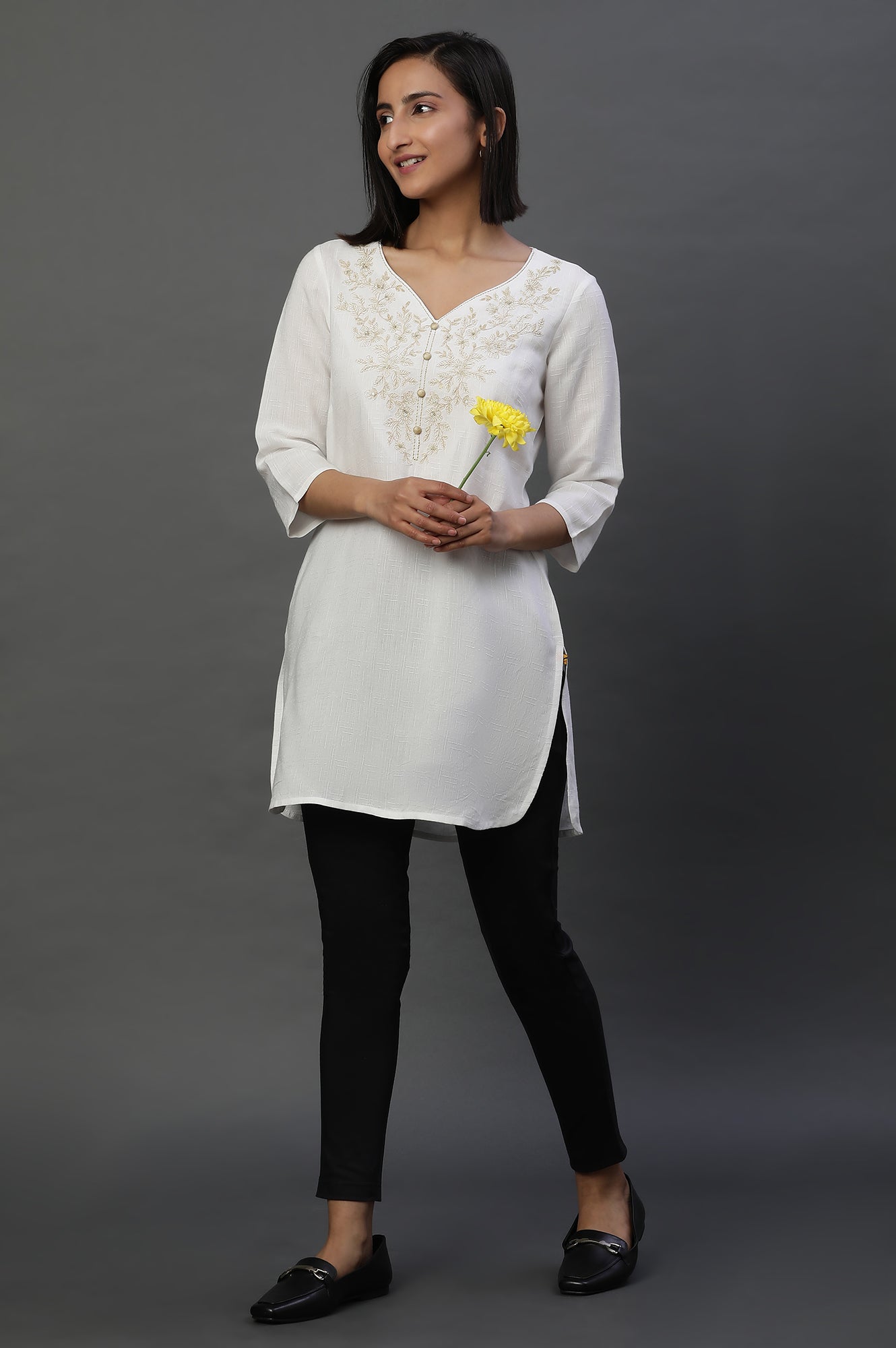 White Zari Embroidered V-neck Kurti