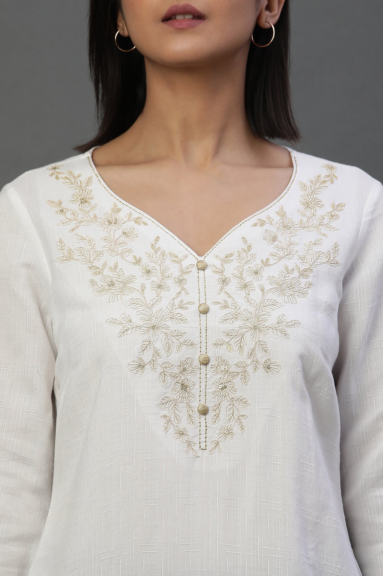 White Zari Embroidered V-neck Kurti