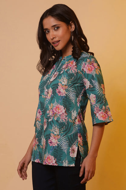 Green Floral Printed Short Kurti