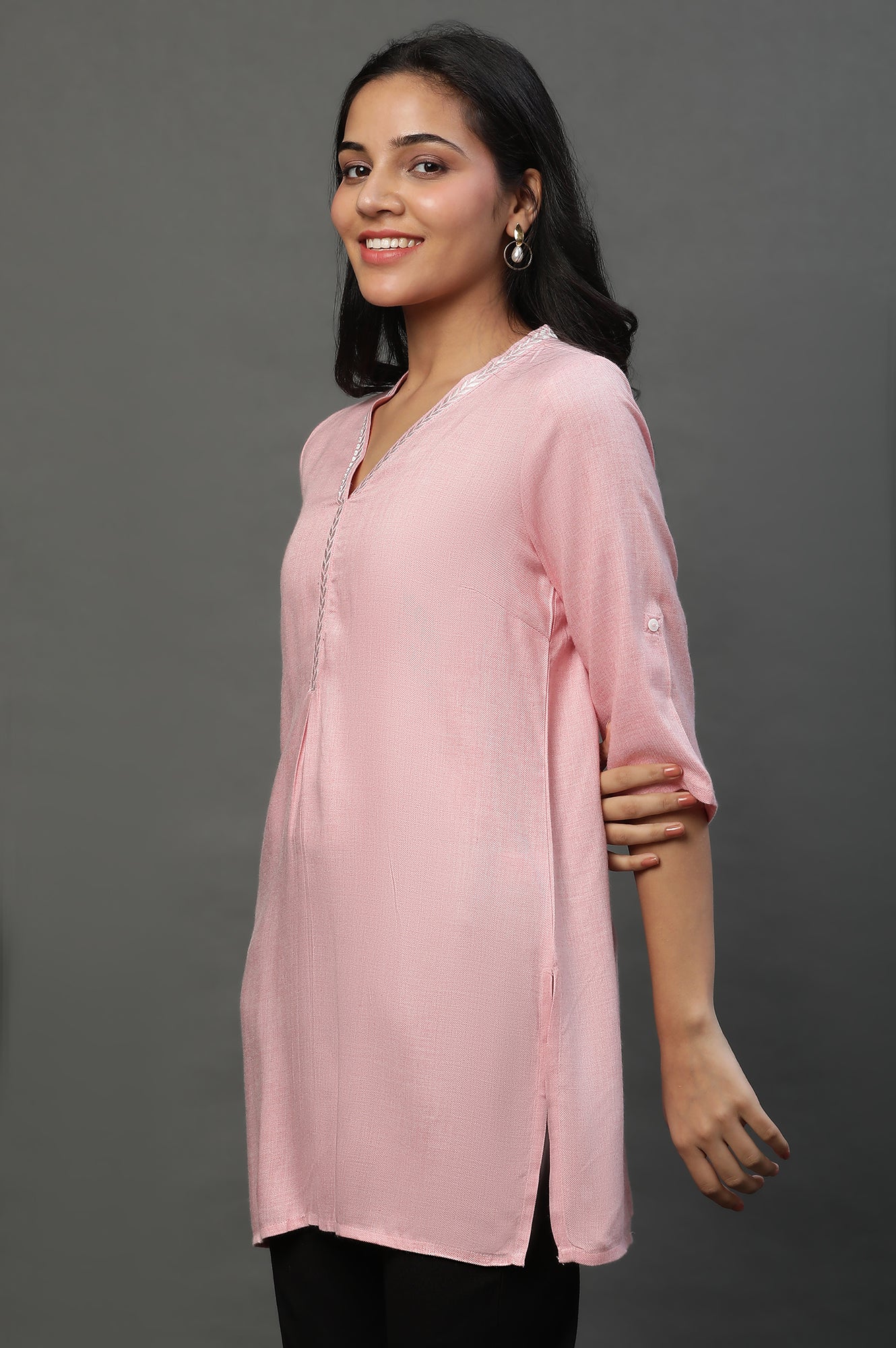 Pink Causal Kurti with Embroidery on Neck