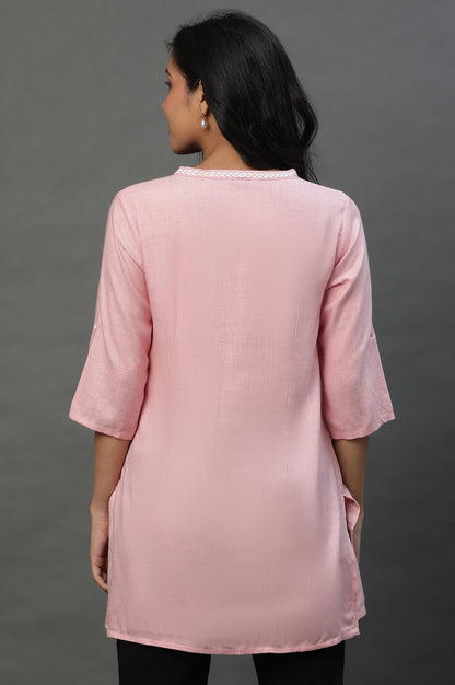 Pink Causal Kurti with Embroidery on Neck