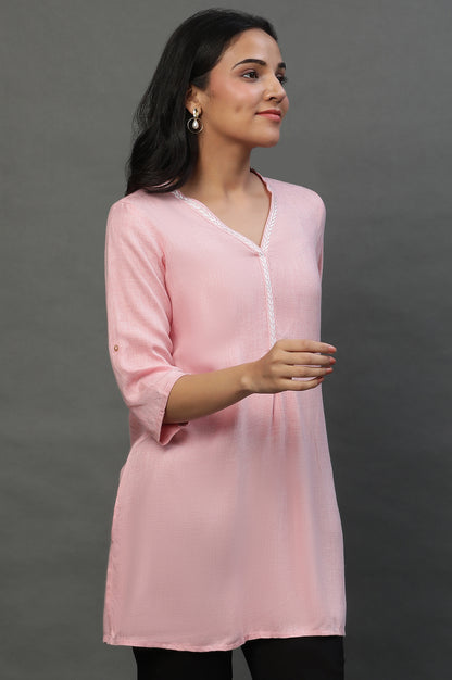 Pink Causal Kurti with Embroidery on Neck