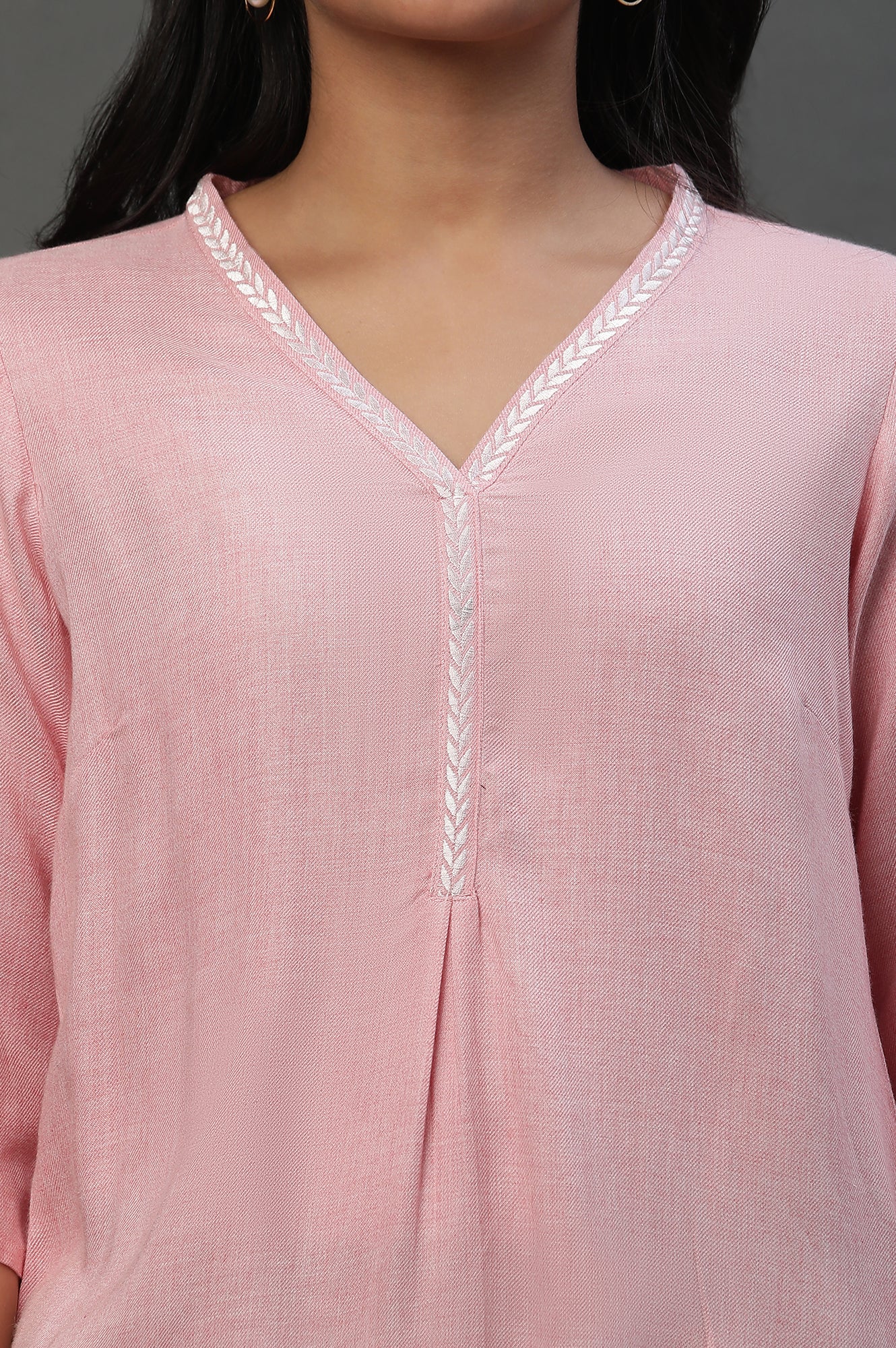 Pink Causal Kurti with Embroidery on Neck