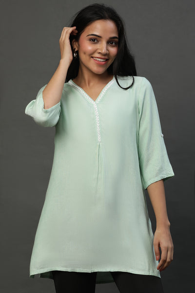 Green Causal Kurti with Embroidery on Neck