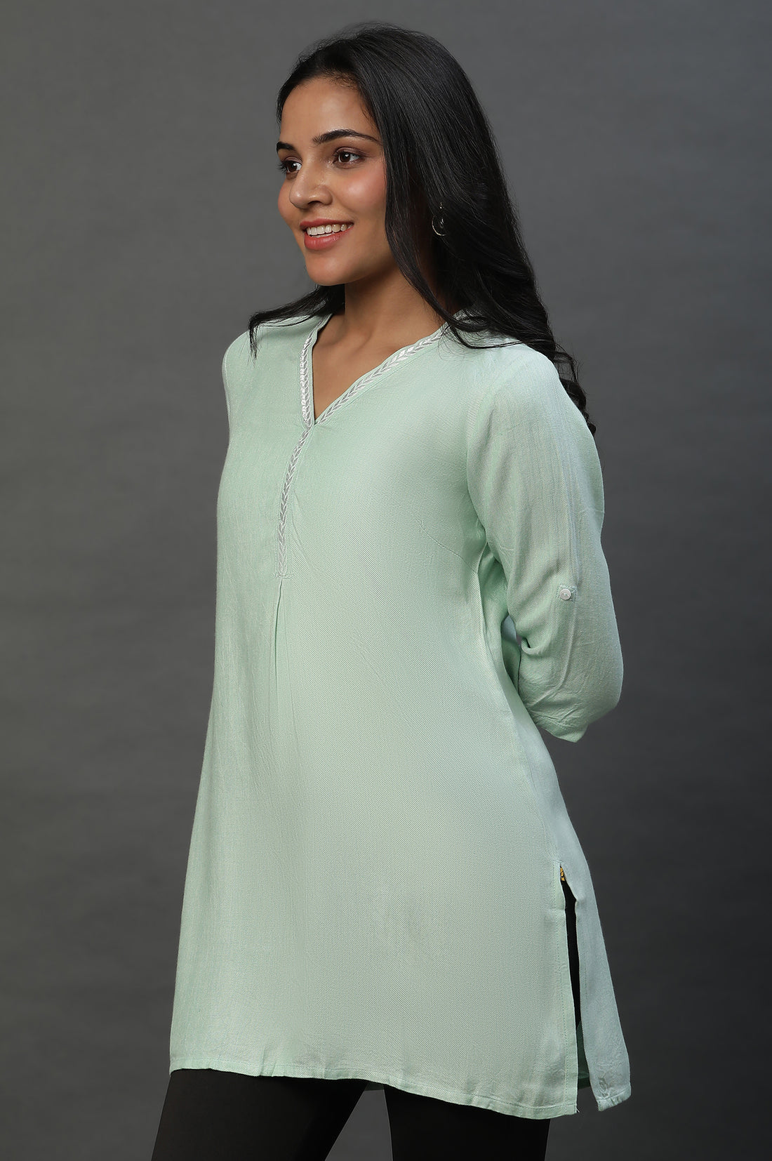 Green Causal Kurti with Embroidery on Neck