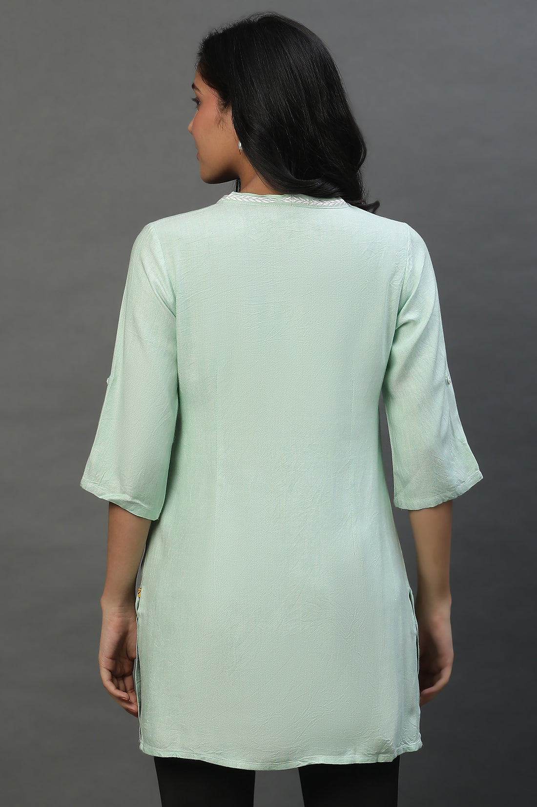 Green Causal Kurti with Embroidery on Neck