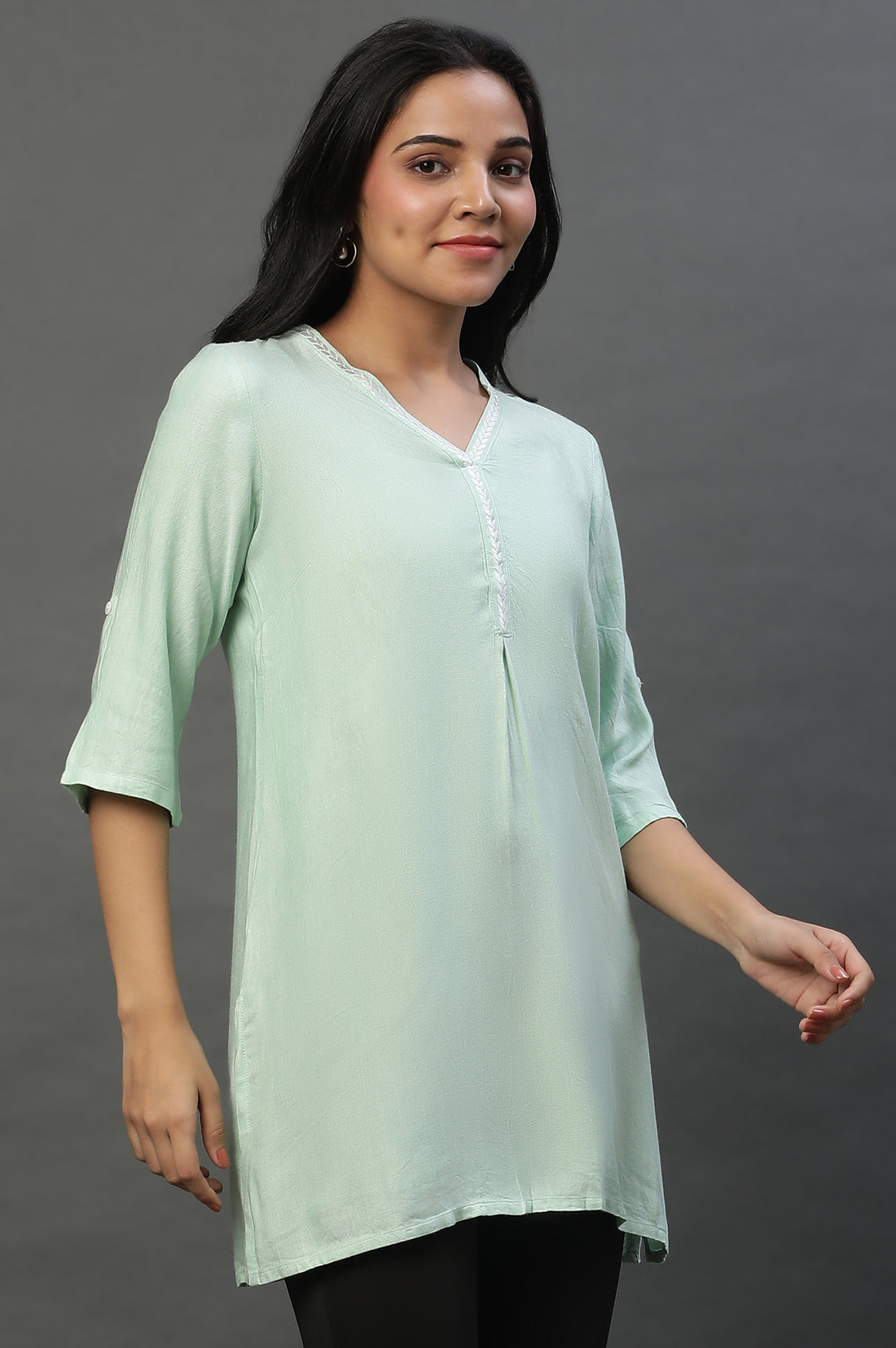 Green Causal Kurti with Embroidery on Neck