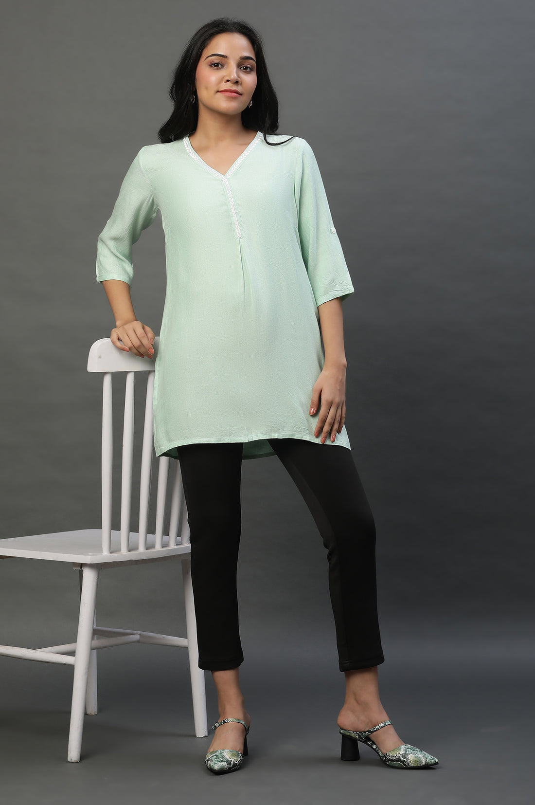 Green Causal Kurti with Embroidery on Neck