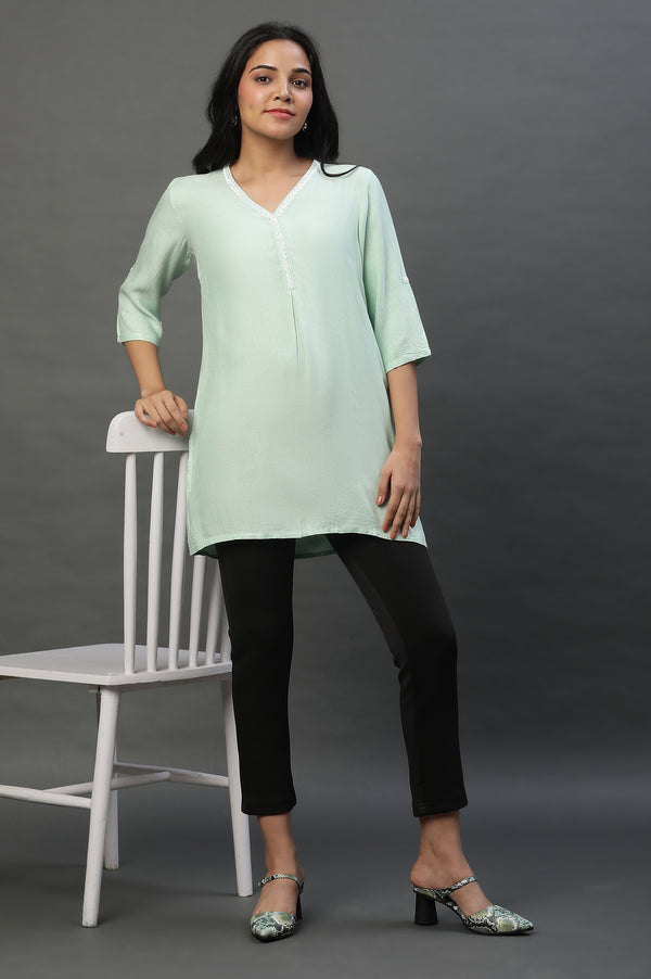 Green Causal Kurti with Embroidery on Neck