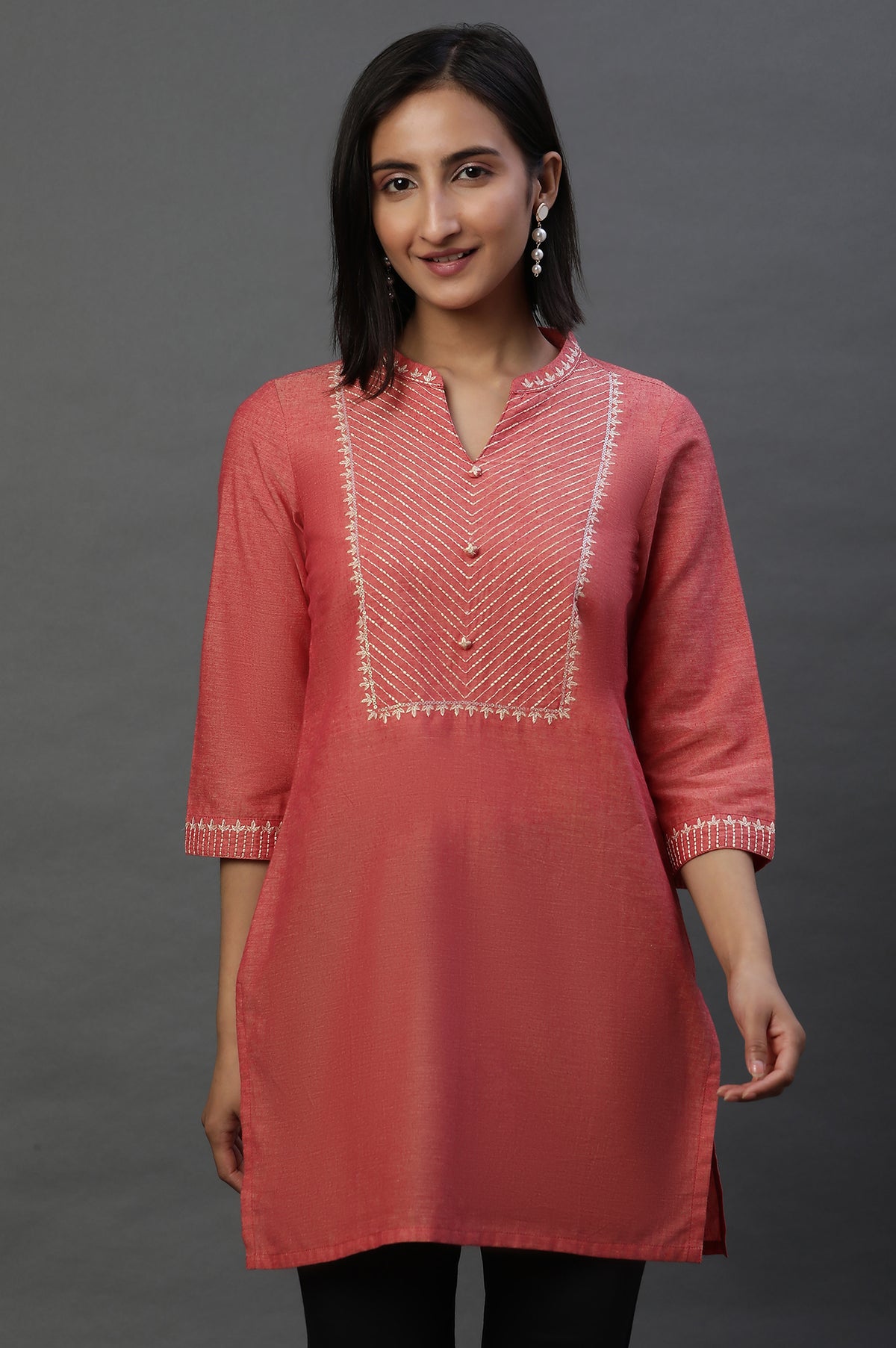 Burnt Coral Zari Embroidered Short Kurti - XS