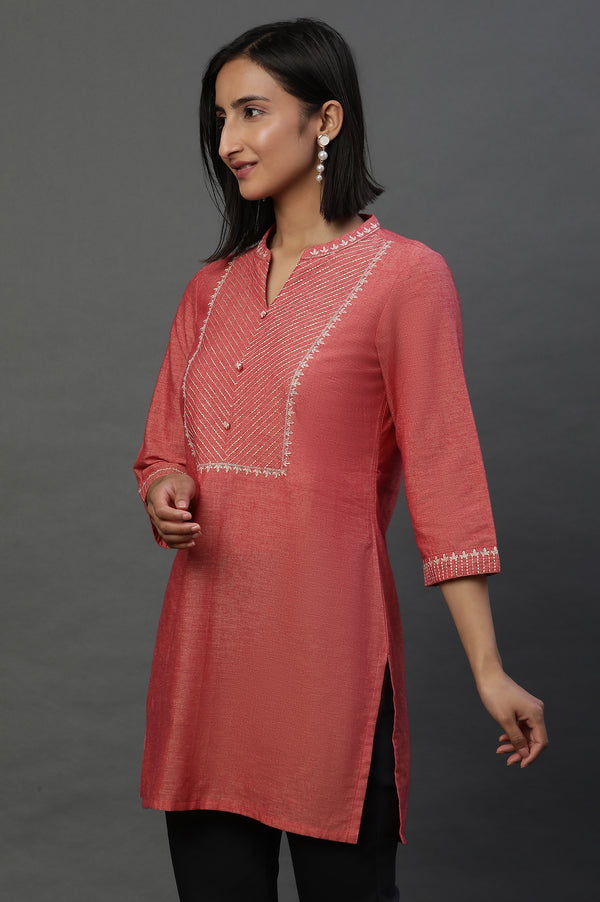 Burnt Coral Zari Embroidered Short Kurti