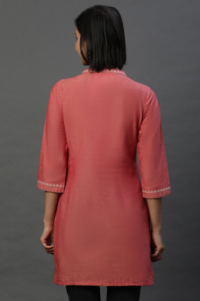 Burnt Coral Zari Embroidered Short Kurti