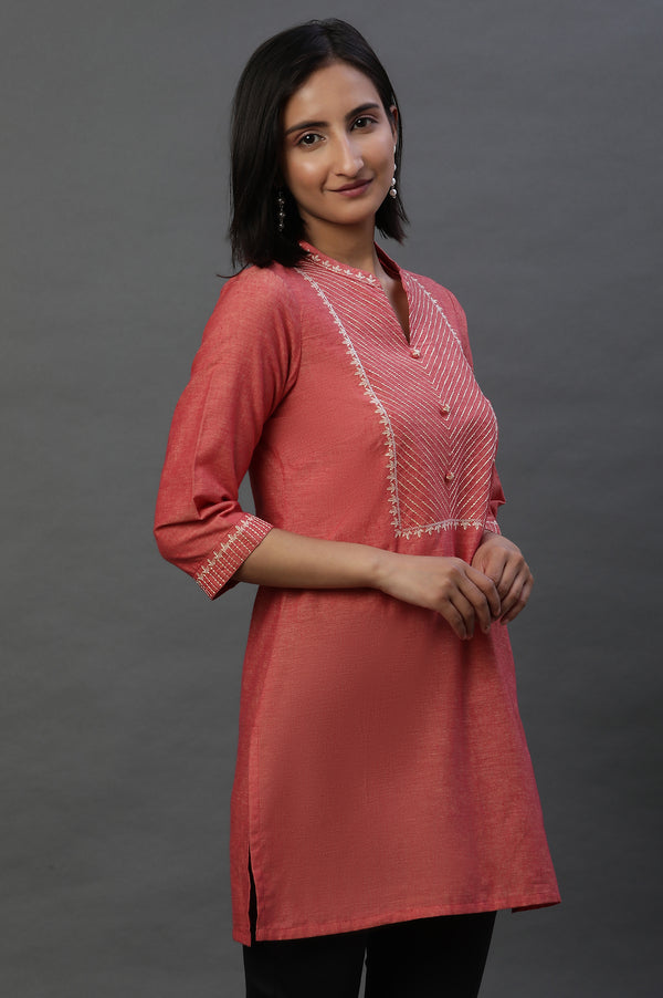 Burnt Coral Zari Embroidered Short Kurti
