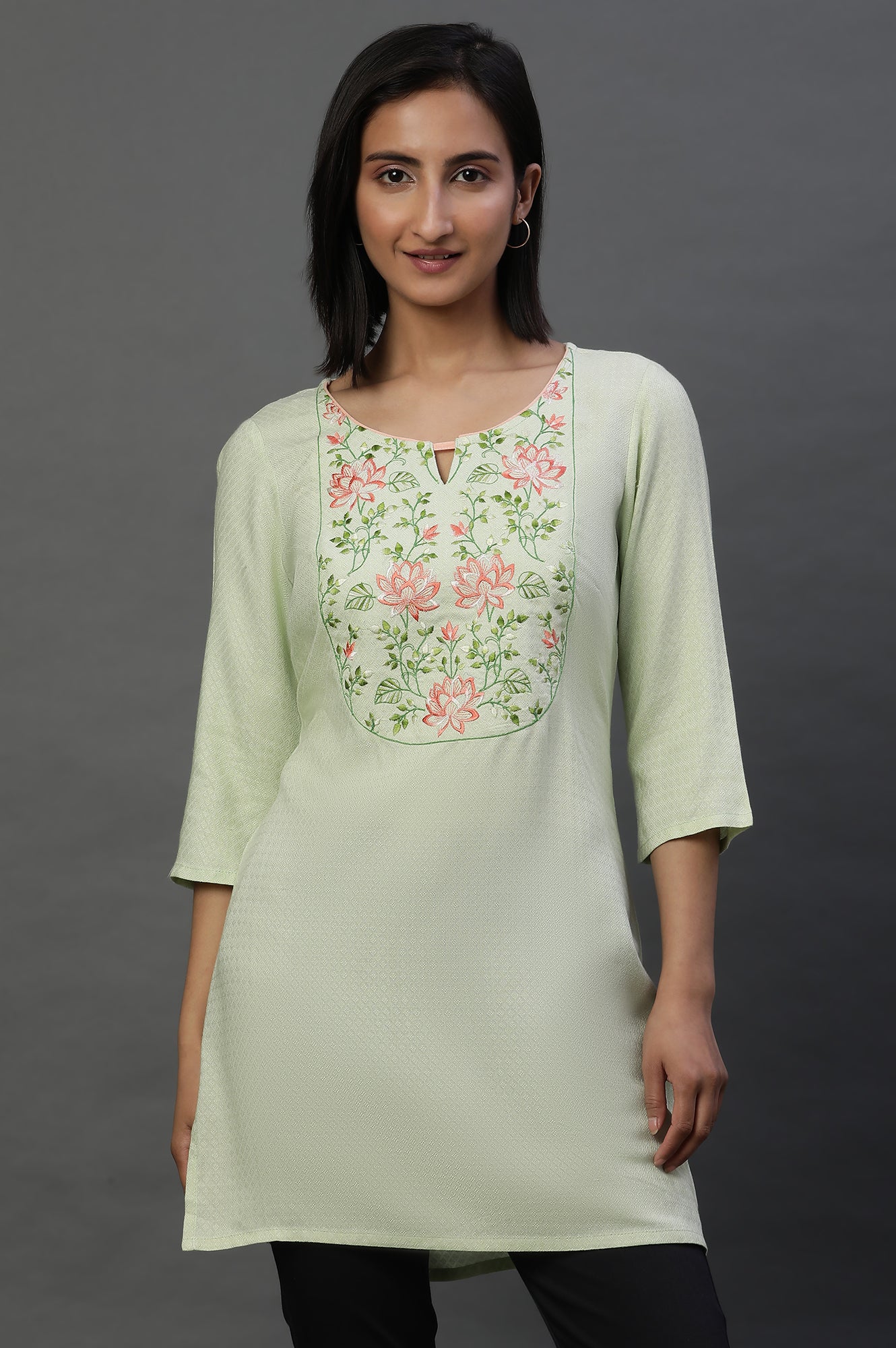 Green Floral Thready Embroidered Short Kurti