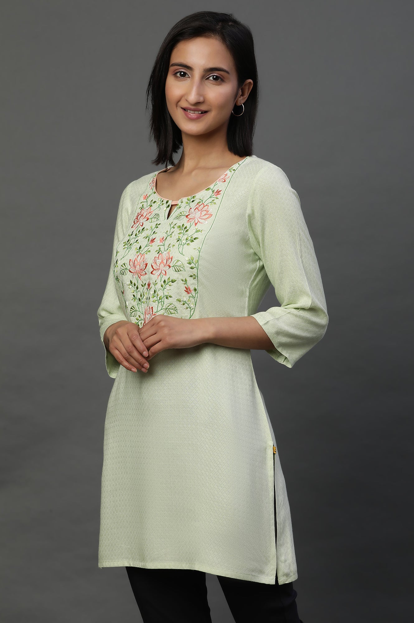 Green Floral Thready Embroidered Short Kurti