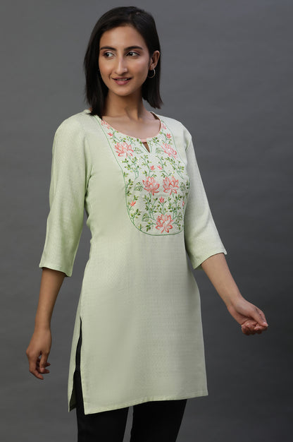 Green Floral Thready Embroidered Short Kurti